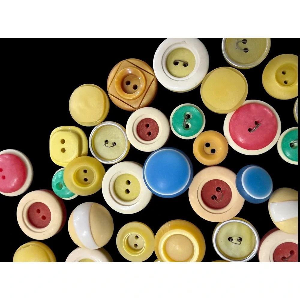 65+ Vintage Plastic Sewing Buttons Lot Two Tone Halo Layered Cream Yellow Mixed
